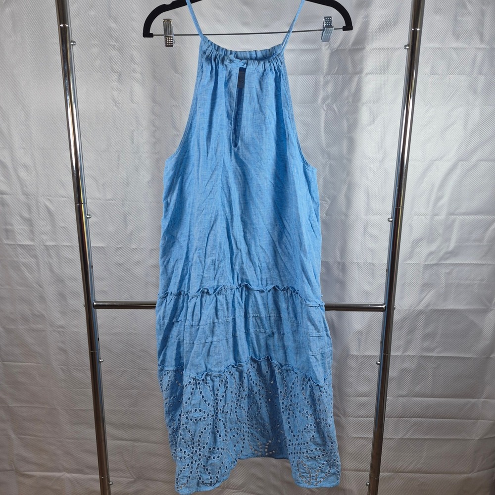 120% Lino Dress Eyelet Tiered Halter 46 Blue Women